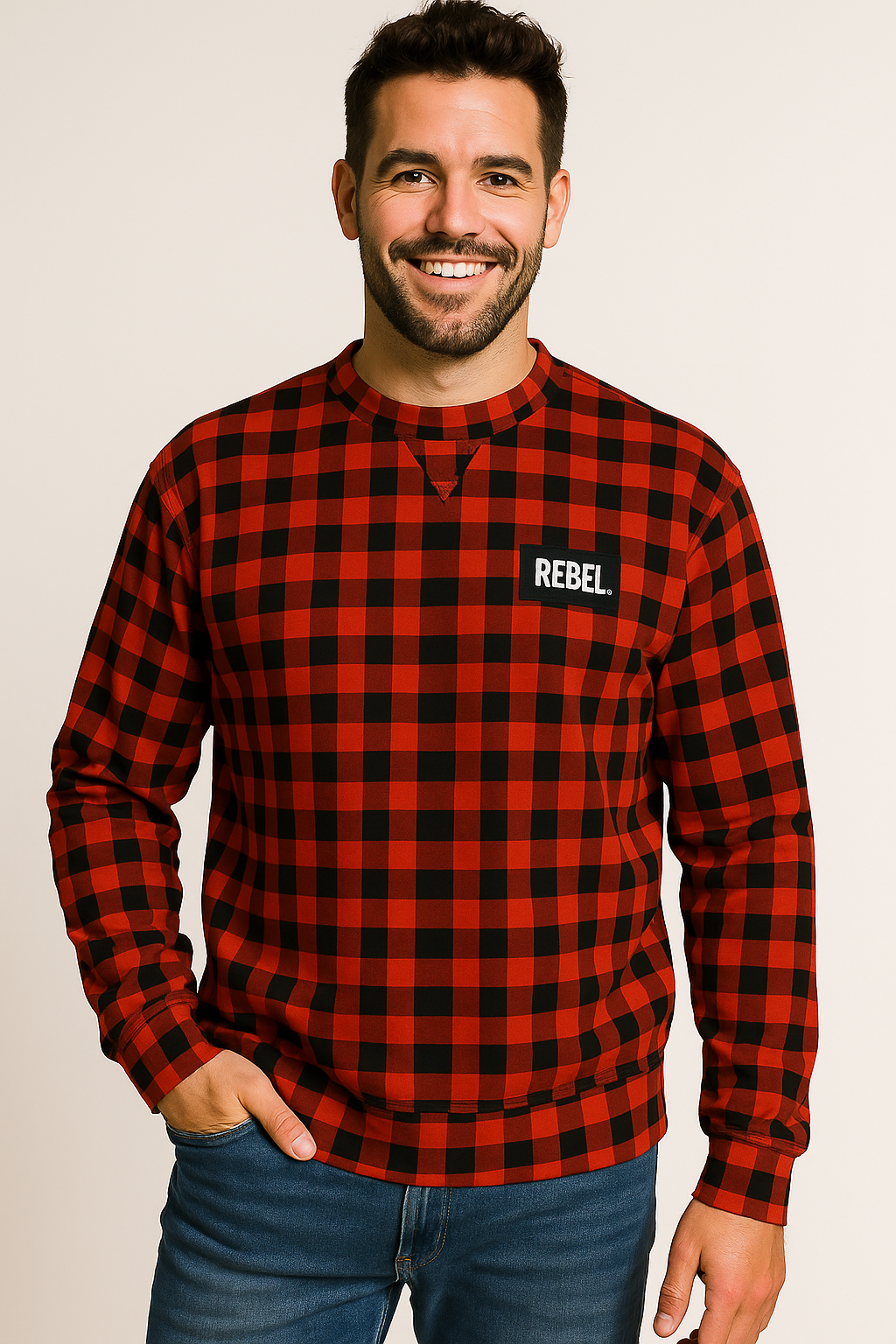 Crew Neck Sweatshirt with Inset V – Buffalo Check
