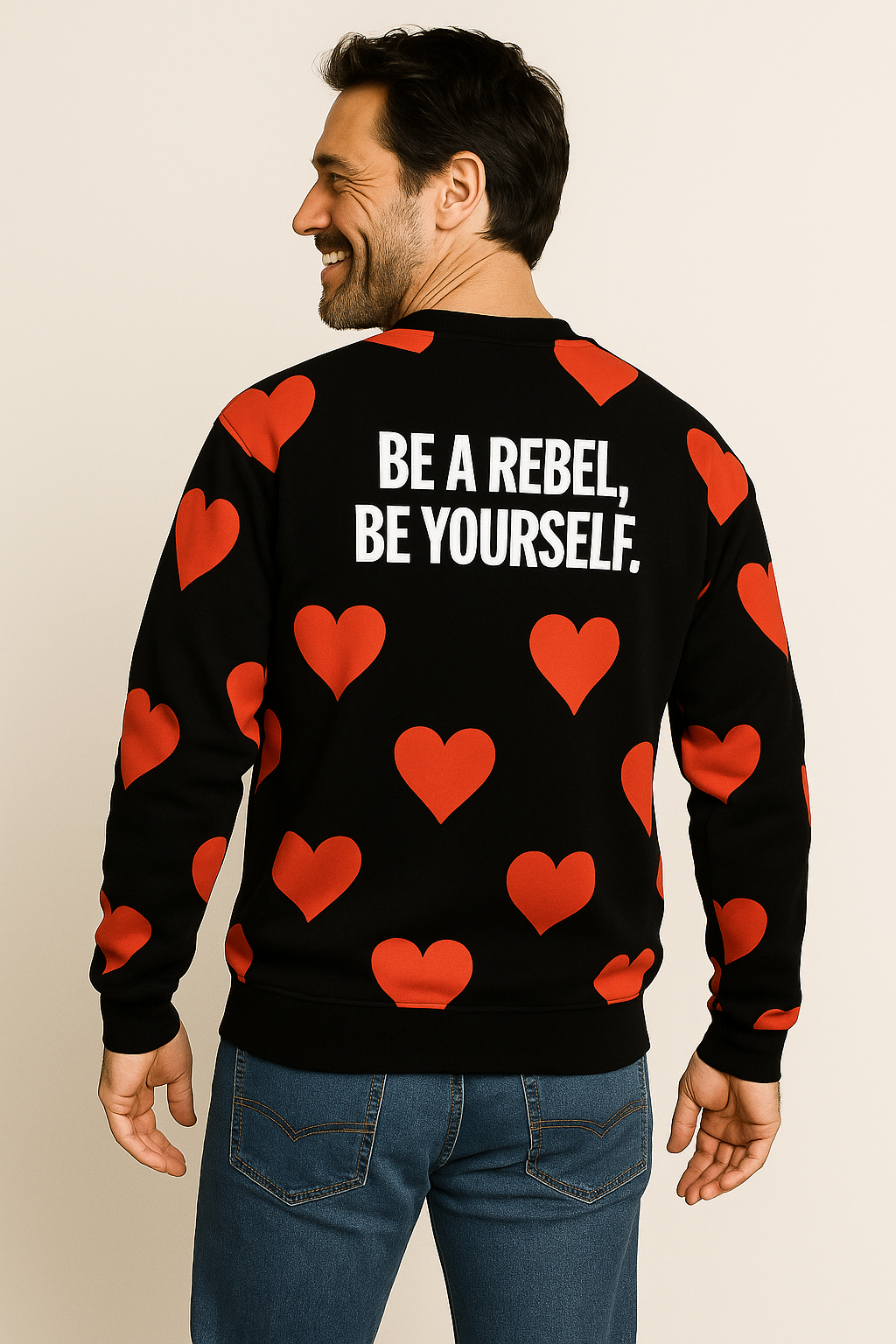 Crew Neck Sweatshirt with Inset V – Red Hearts Print