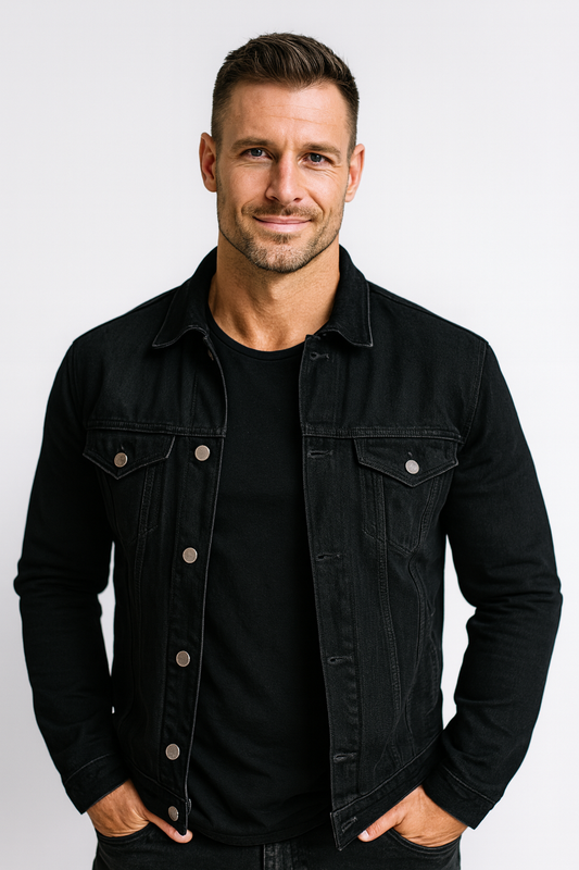 Men's Black Denim Jean Jacket with Back Logo