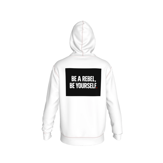 White Hoodie - Small Rebel front. Be a Rebel back