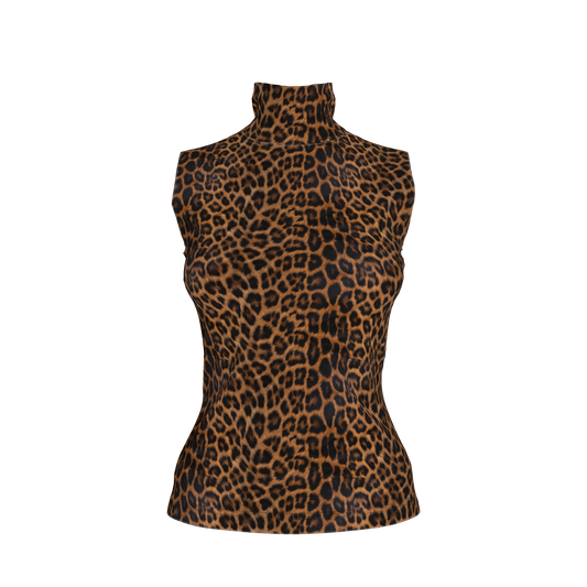 Sleeveless Turtleneck in Leopard Print Midweight Stretch Cotton Fleece